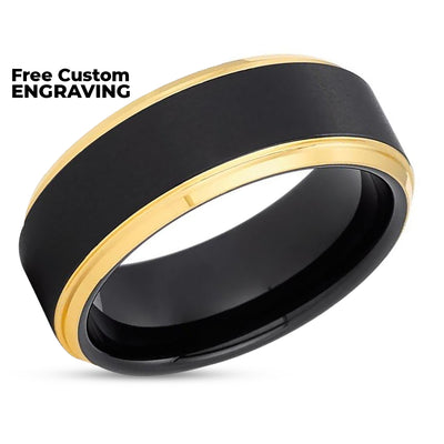 Yellow Gold Tungsten Wedding Band - Yellow Gold Tungsten Ring - Black Wedding Ring