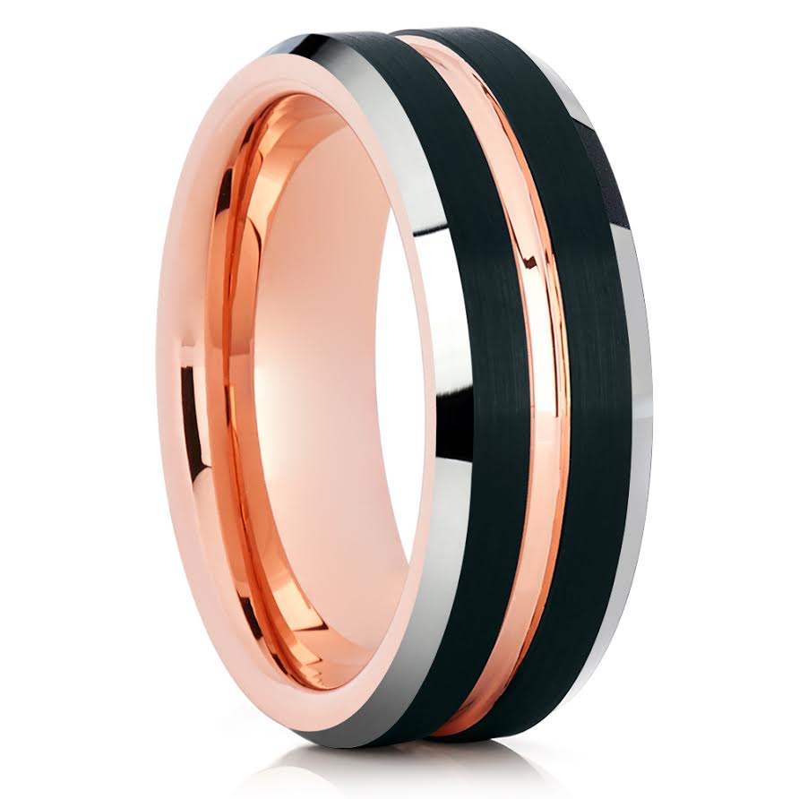 Rose Gold Wedding Ring - Black Tungsten Ring - Tungsten Carbide Ring - Black Ring - Rose Gold
