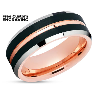 Rose Gold Wedding Ring - Black Tungsten Ring - Tungsten Carbide Ring - Black Ring - Rose Gold