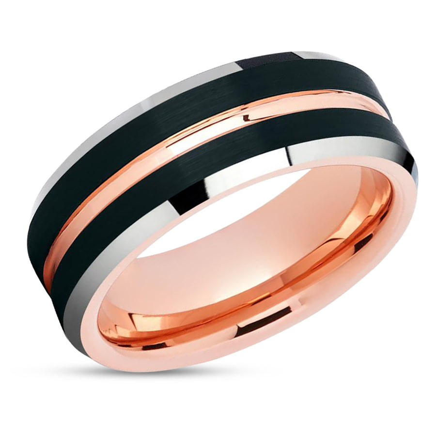Rose Gold Wedding Ring - Black Tungsten Ring - Tungsten Carbide Ring - Black Ring - Rose Gold