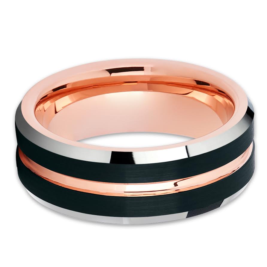 Rose Gold Wedding Ring - Black Tungsten Ring - Tungsten Carbide Ring - Black Ring - Rose Gold