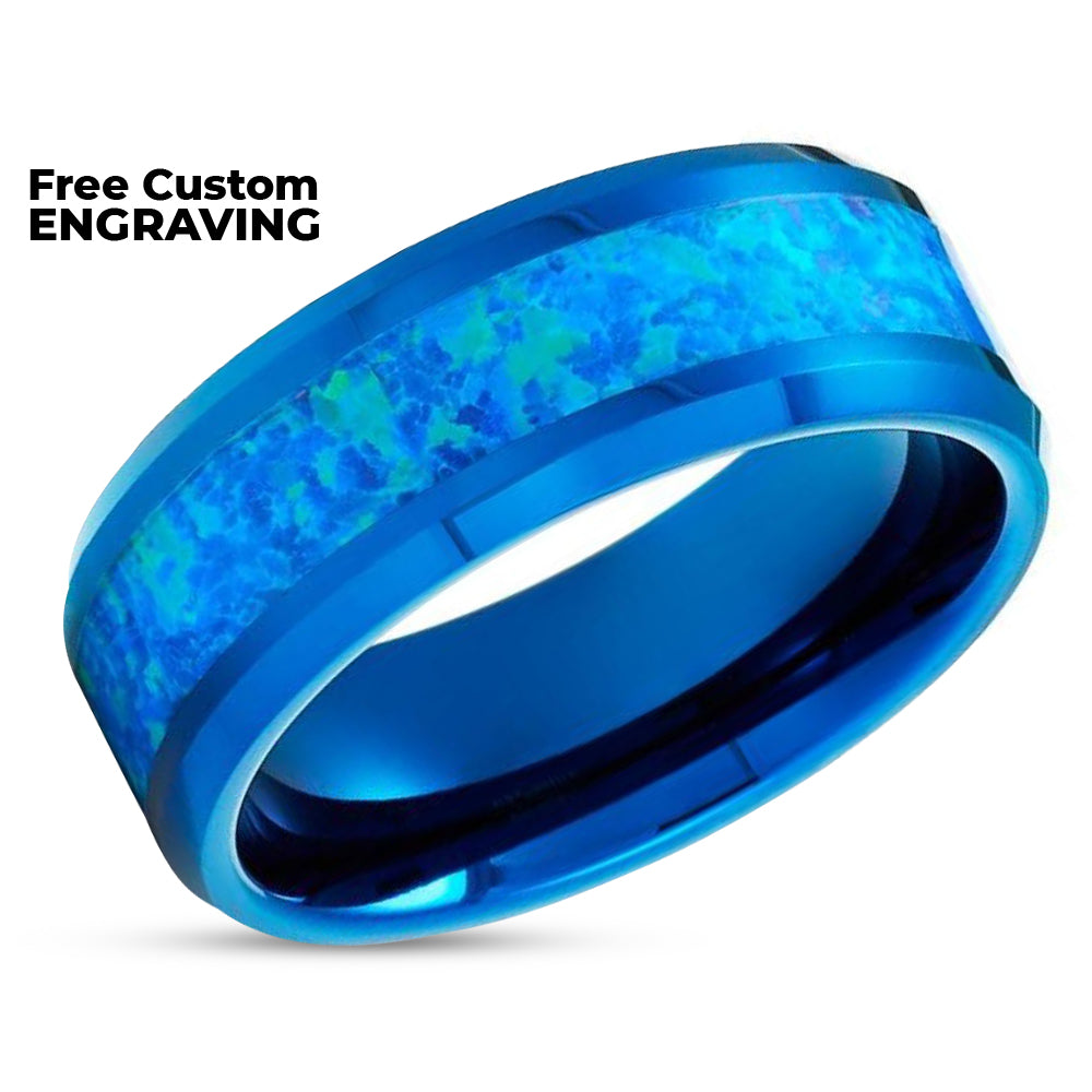 Blue Opal Wedding Ring - Blue Tungsten Ring - Blue Opal Ring - Wedding Band - 8mm