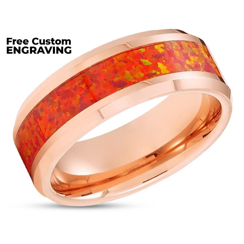 Opal Tungsten Wedding Rings - Orange Wedding Band - Opal Wedding Band - Rose Golf