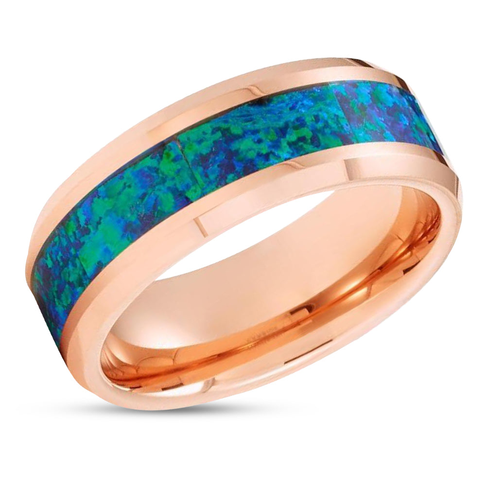 Blue Opal Tungsten Wedding Ring - Opal Wedding Rings - Rose Gold Tungsten Ring - 8mm