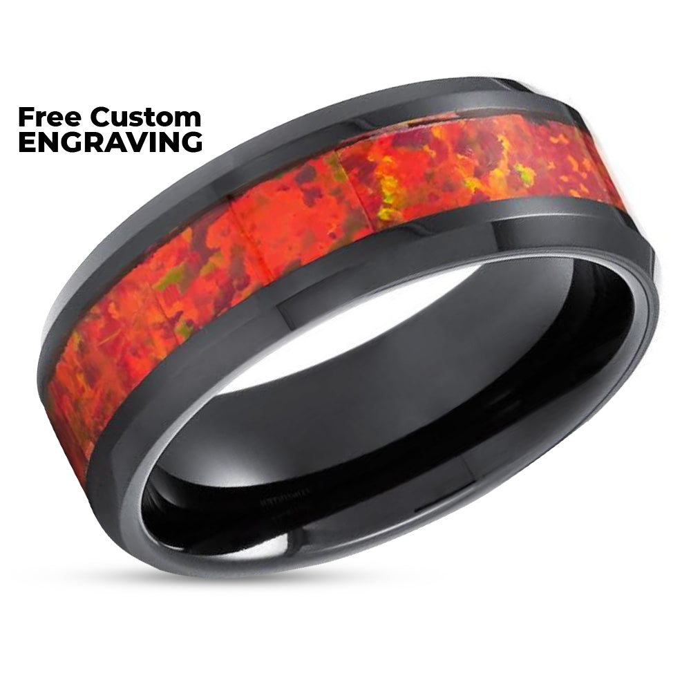Opal Wedding Rings - Black Tungsten Ring - Opal Wedding Band - 8mm Opal Ring