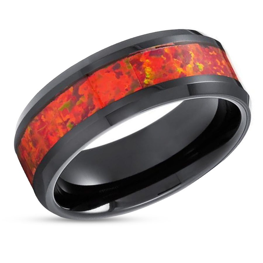 Opal Wedding Rings - Black Tungsten Ring - Opal Wedding Band - 8mm Opal Ring