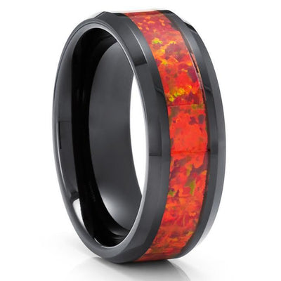 Opal Wedding Rings - Black Tungsten Ring - Opal Wedding Band - 8mm Opal Ring