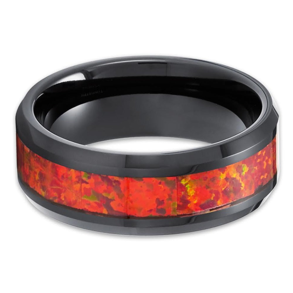 Opal Wedding Rings - Black Tungsten Ring - Opal Wedding Band - 8mm Opal Ring