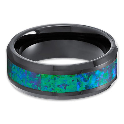 Opal Tungsten Wedding Rings - Green Opal Ring - Black Tungsten Ring - 8mm Ring