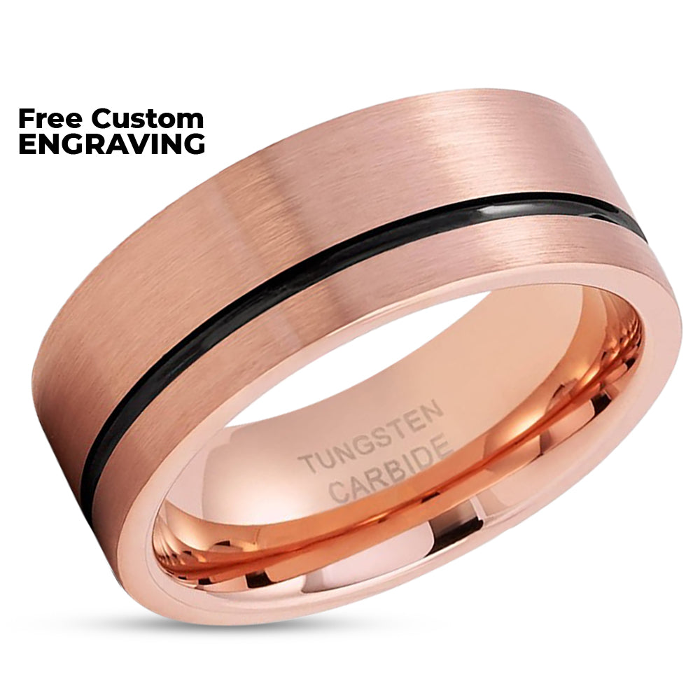 Man's Wedding Ring - Rose Gold Wedding Ring - Black Tungsten Ring - 8mm Wedding Ring