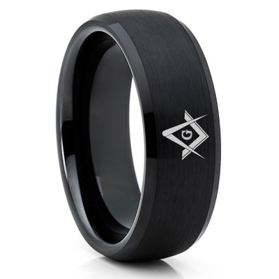 Masonic Wedding Band - Black Tungsten Ring - Masonic Wedding Ring - 8mm - Clean Casting Jewelry