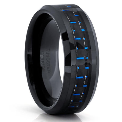 Black Tungsten Ring - Blue Carbon Fiber - Tungsten Wedding Band - 8mm - Clean Casting Jewelry
