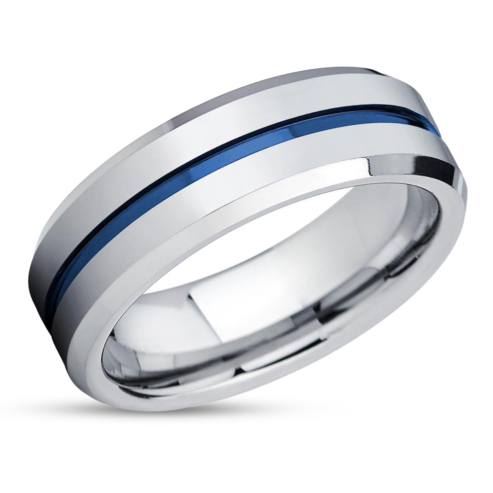 Blue Wedding Band - Silver Tungsten Ring - Tungsten Wedding Band - Blue Ring