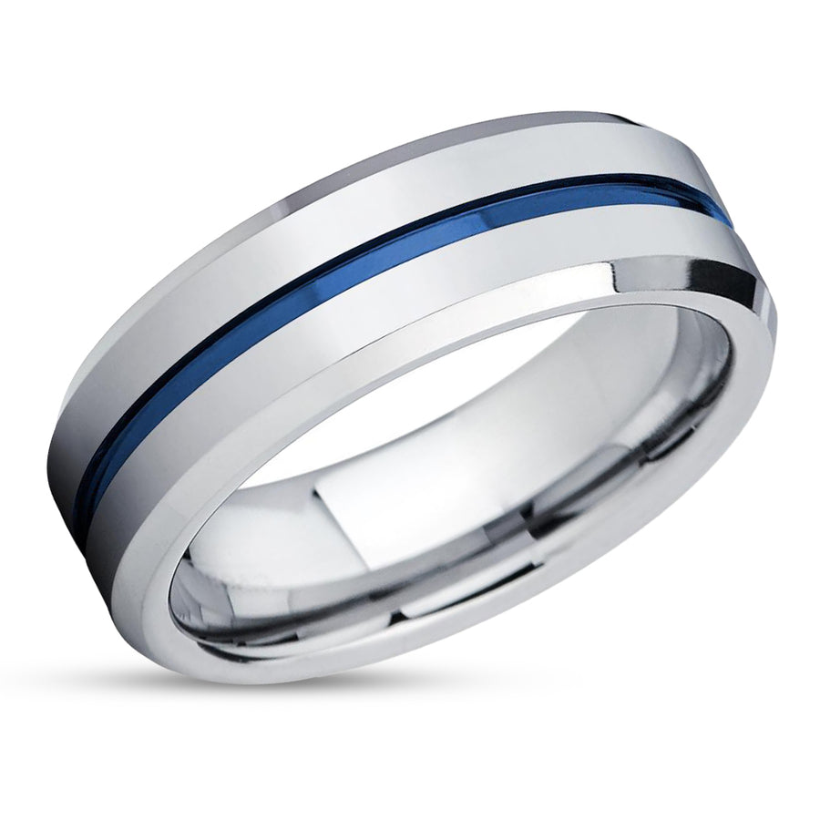 Blue Wedding Band - Silver Tungsten Ring - Tungsten Wedding Band - Blue Ring