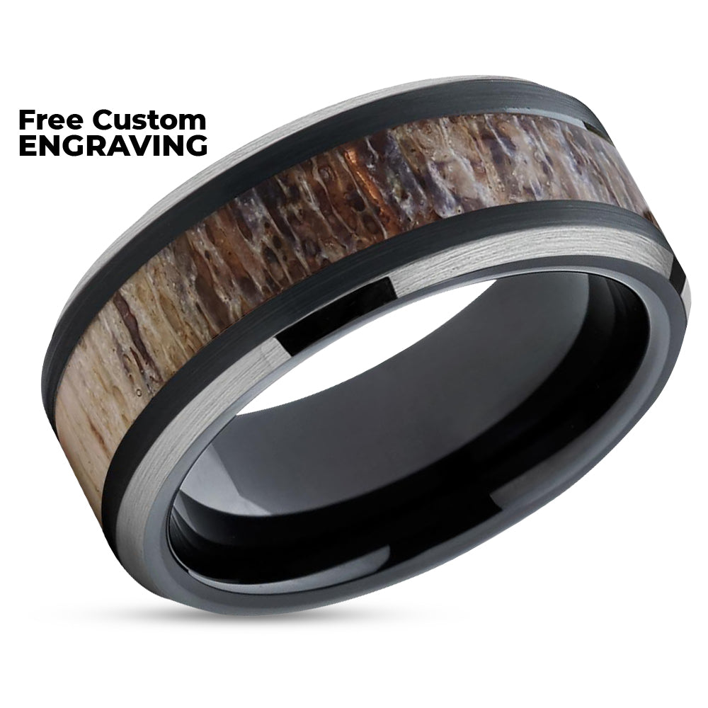 Deer Antler Wedding Band - Black - Deer Antler Ring - Tungsten Band - 10mm