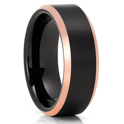 Men's Tungsten Wedding Band - Rose Gold Ring - Matte Finish - Black Tungsten - Clean Casting Jewelry