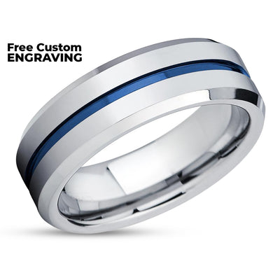 Blue Wedding Band - Silver Tungsten Ring - Tungsten Wedding Band - Blue Ring