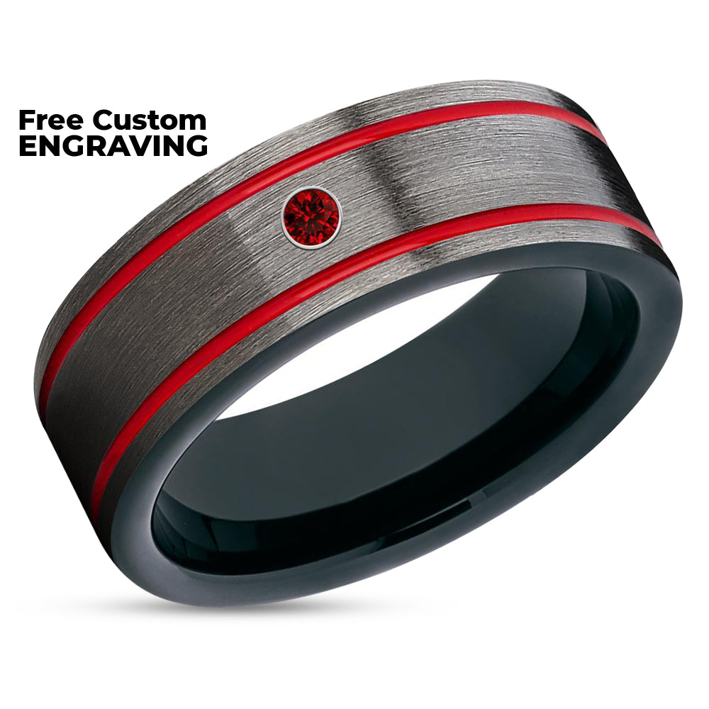 Red Tungsten Ring - Ruby Wedding Band - Gunmetal Wedding Ring - Tungsten Wedding Band
