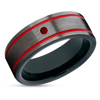 Red Tungsten Ring - Ruby Wedding Band - Gunmetal Wedding Ring - Tungsten Wedding Band