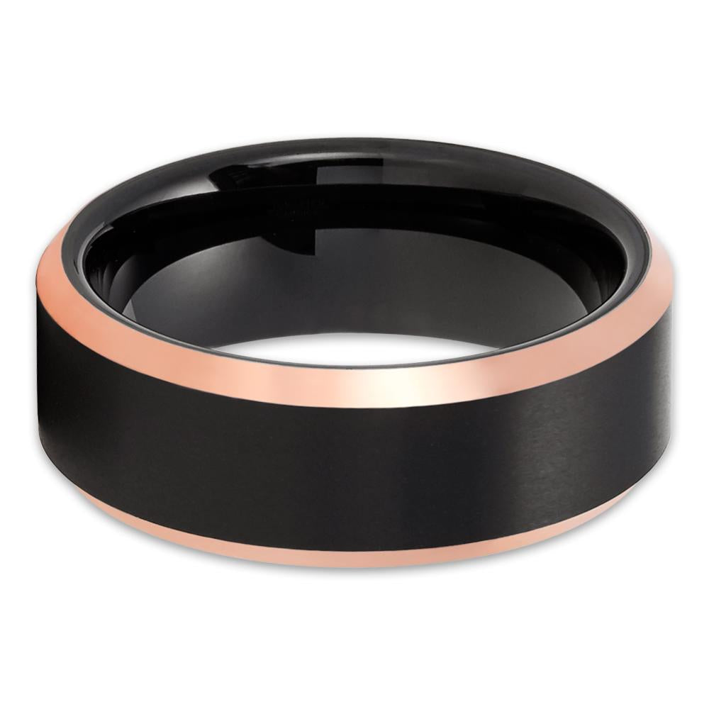 Men's Tungsten Wedding Band - Rose Gold Ring - Matte Finish - Black Tungsten - Clean Casting Jewelry