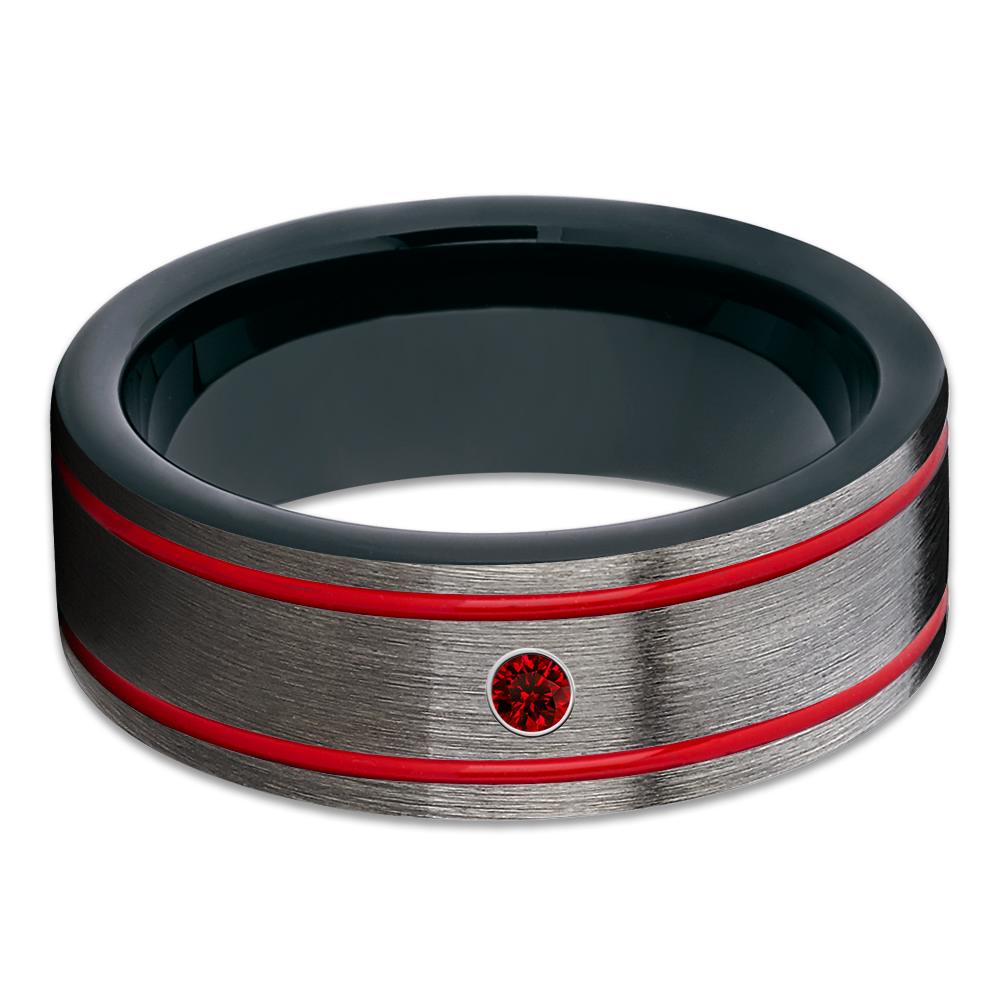 Red Tungsten Wedding Band - Ruby Ring - Black Tungsten Ring - 8mm - Clean Casting Jewelry
