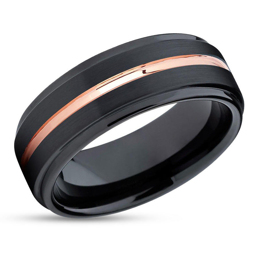 8 mm Mens Wedding Bands - Black Tungsten, with Rose Gold - J095RBC