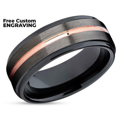 Black Tungsten Wedding Band - Gunmetal - Black Tungsten Ring  - 7mm - Rose Gold Ring