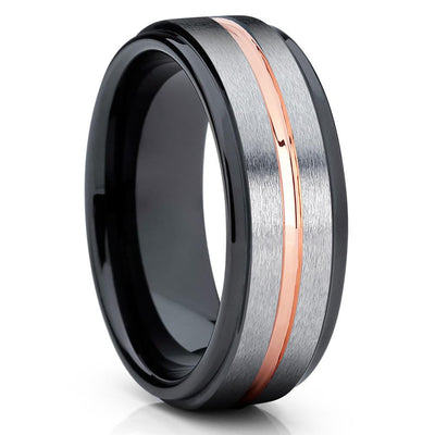 Black Tungsten Wedding Band - 7mm - Rose Gold Tungsten Ring - Brush - Clean Casting Jewelry