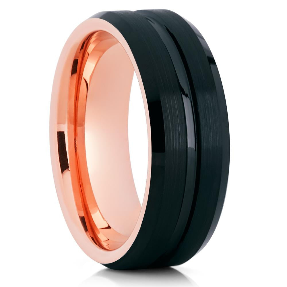 Black Tungsten Wedding Band - Rose Gold Tungsten Ring - 8mm - 6mm - Clean Casting Jewelry