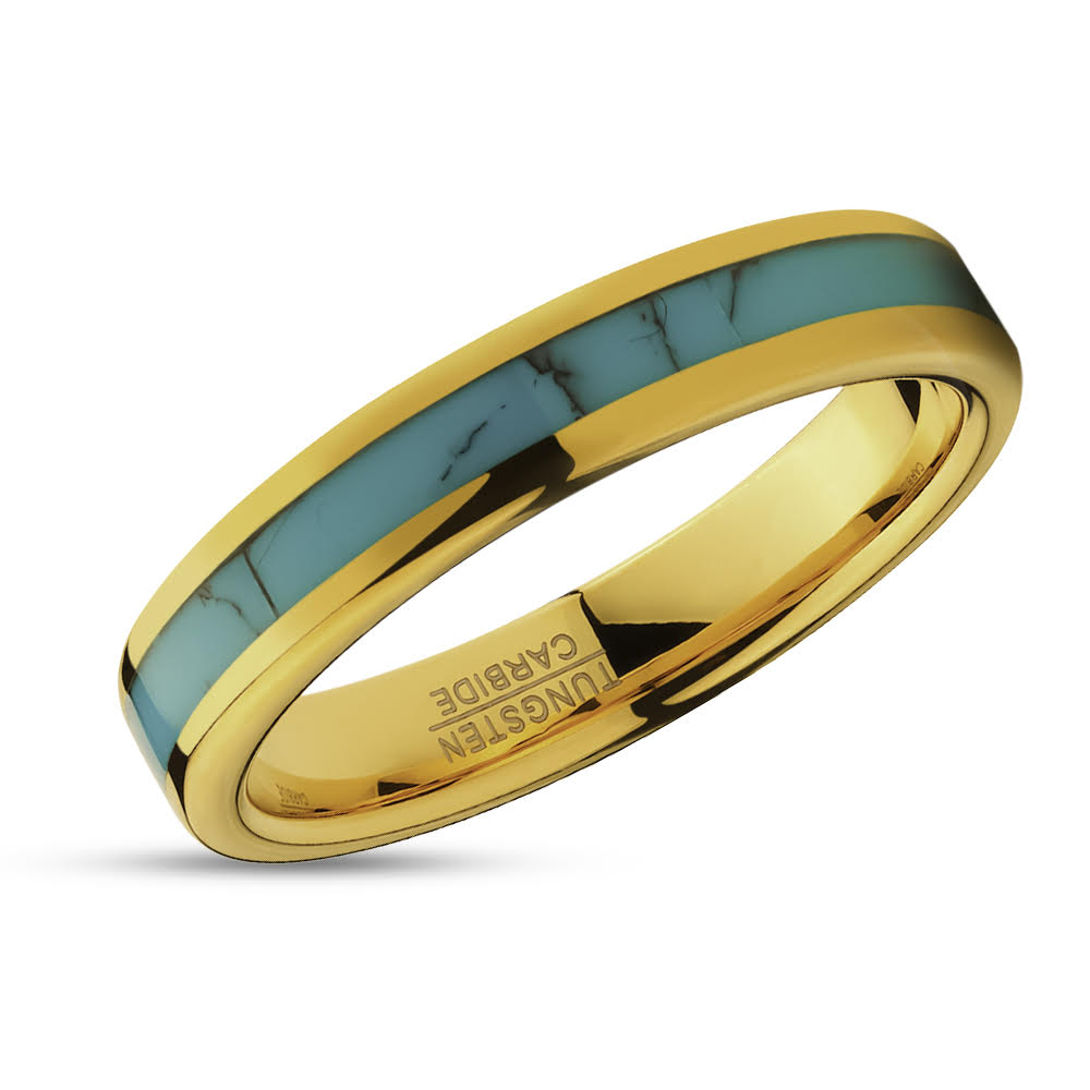 4mm Wedding Ring - Yellow Gold Wedding Band- Turquoise Tungsten Ring - Engagement Ring
