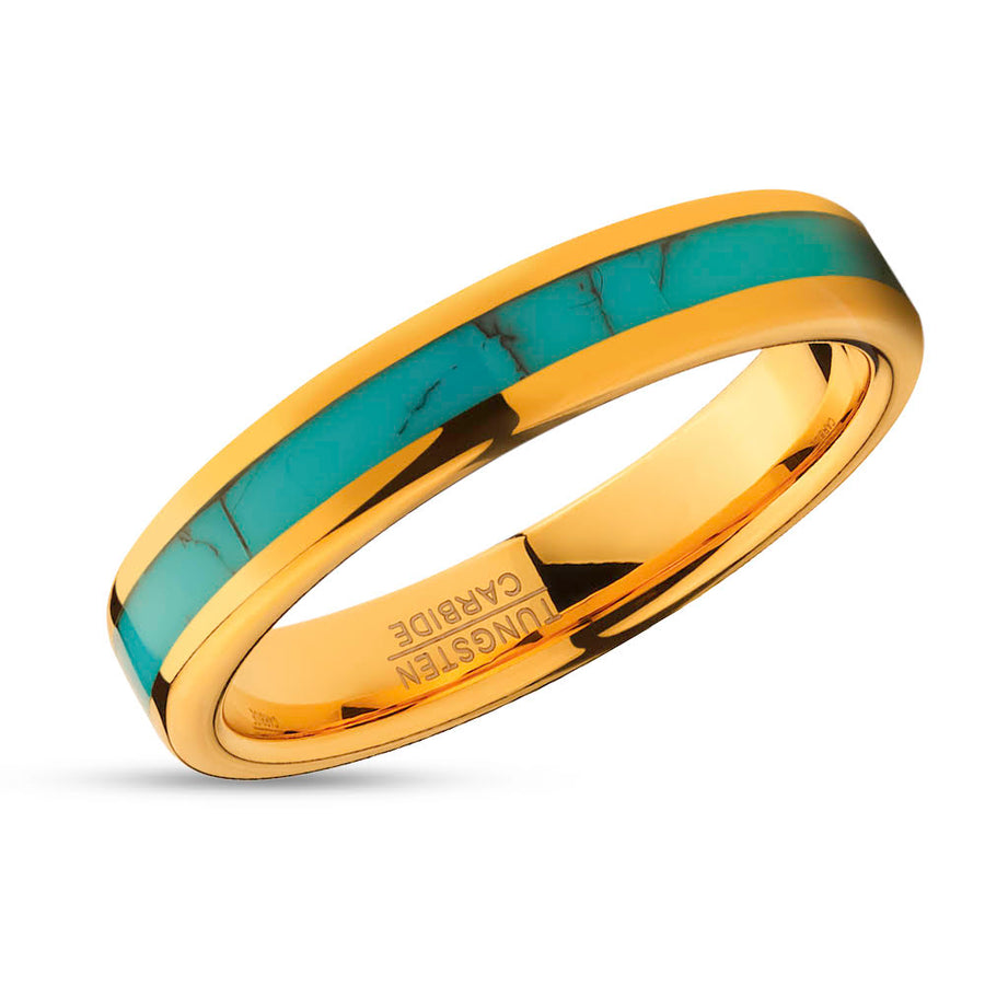 4mm Wedding Ring - Yellow Gold Wedding Band- Turquoise Tungsten Ring - Engagement Ring