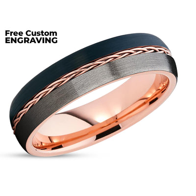 6mm - Rose Gold Tungsten - Braid Ring - Gunmetal - Tungsten Wedding Band