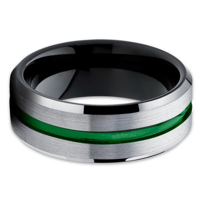 Green Tungsten Ring - Green Wedding Band - Black Tungsten Ring - Grey - Clean Casting Jewelry