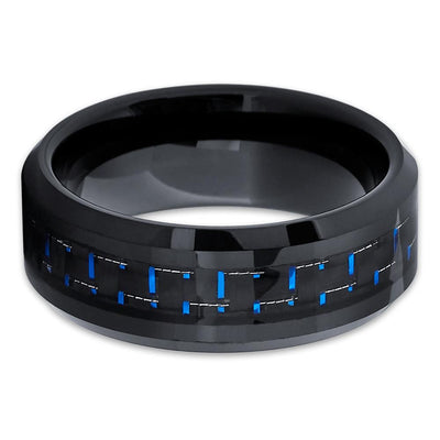 Black Tungsten Ring - Blue Carbon Fiber - Tungsten Wedding Band - 8mm - Clean Casting Jewelry