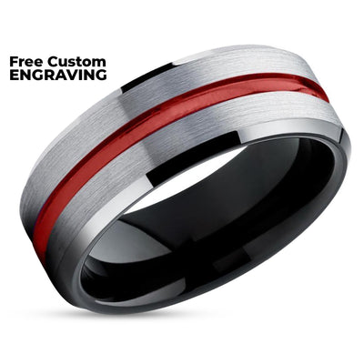 Red Tungsten Ring - Red Wedding Band - Black Tungsten Ring - Red Tungsten Ring