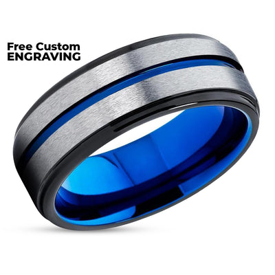 Blue Wedding Ring - Black Wedding Band - Tungsten Wedding Band - Black Ring