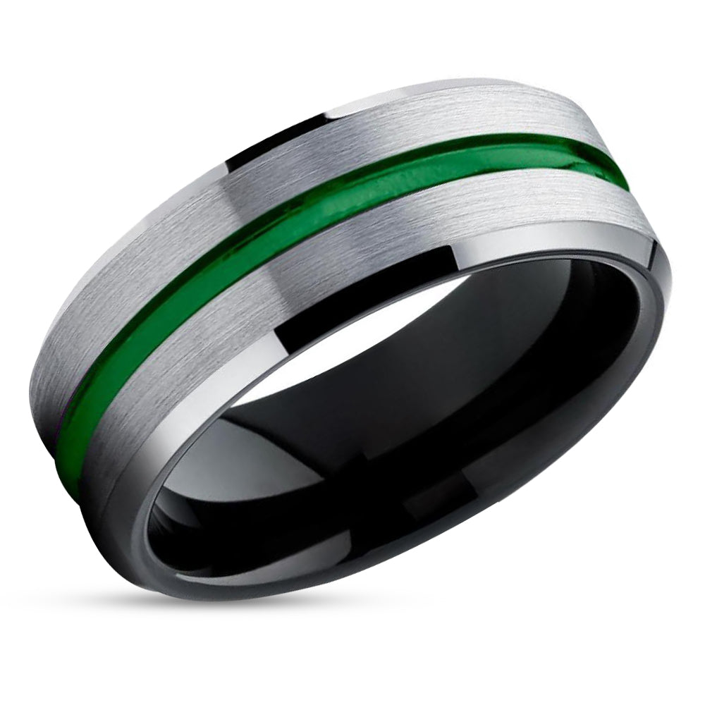 Green Tungsten Ring - Green Wedding Band - Black Tungsten Ring - Grey