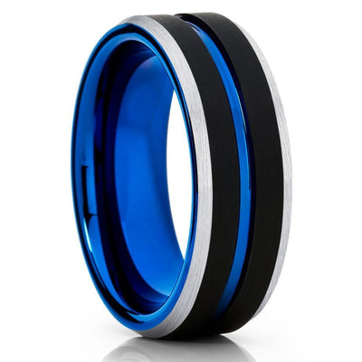 Blue Tungsten Wedding Band - Blue Tungsten Ring - Men's - Black Tungsten - Clean Casting Jewelry