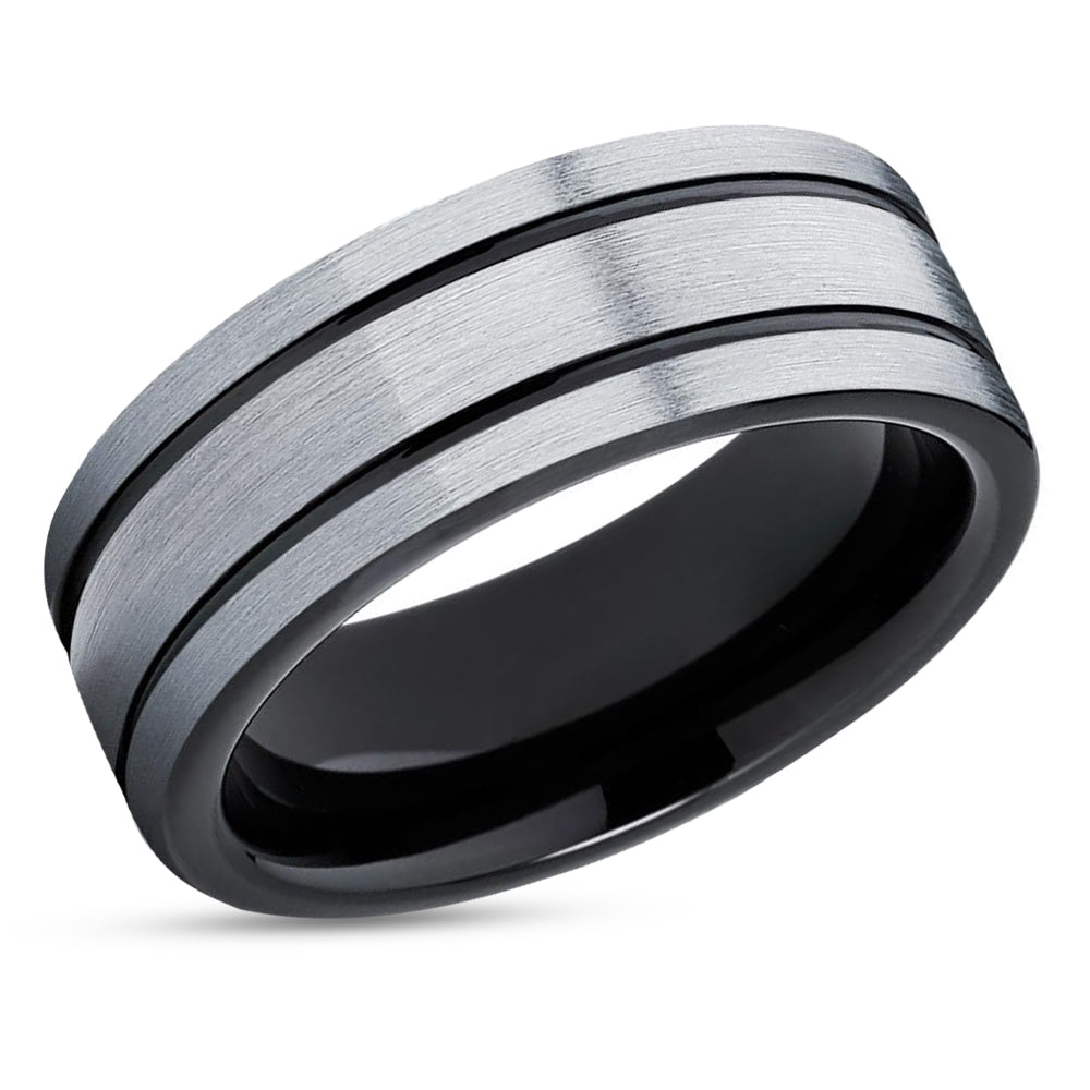 Black Wedding Ring - Gray Wedding Band - Black Groove Ring - Man's Wedding Ring