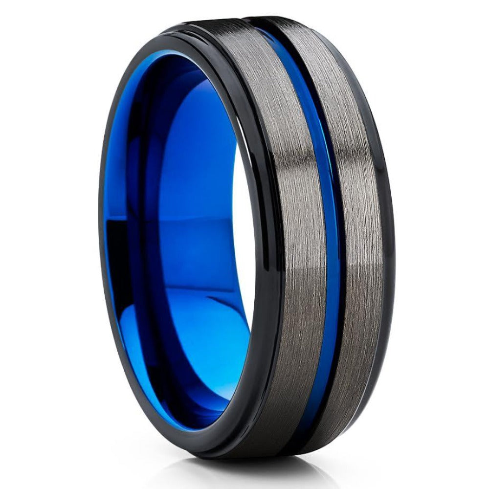 Blue Tungsten Wedding Band - Gunmetal - Black Tungsten Ring - 8mm - Clean Casting Jewelry