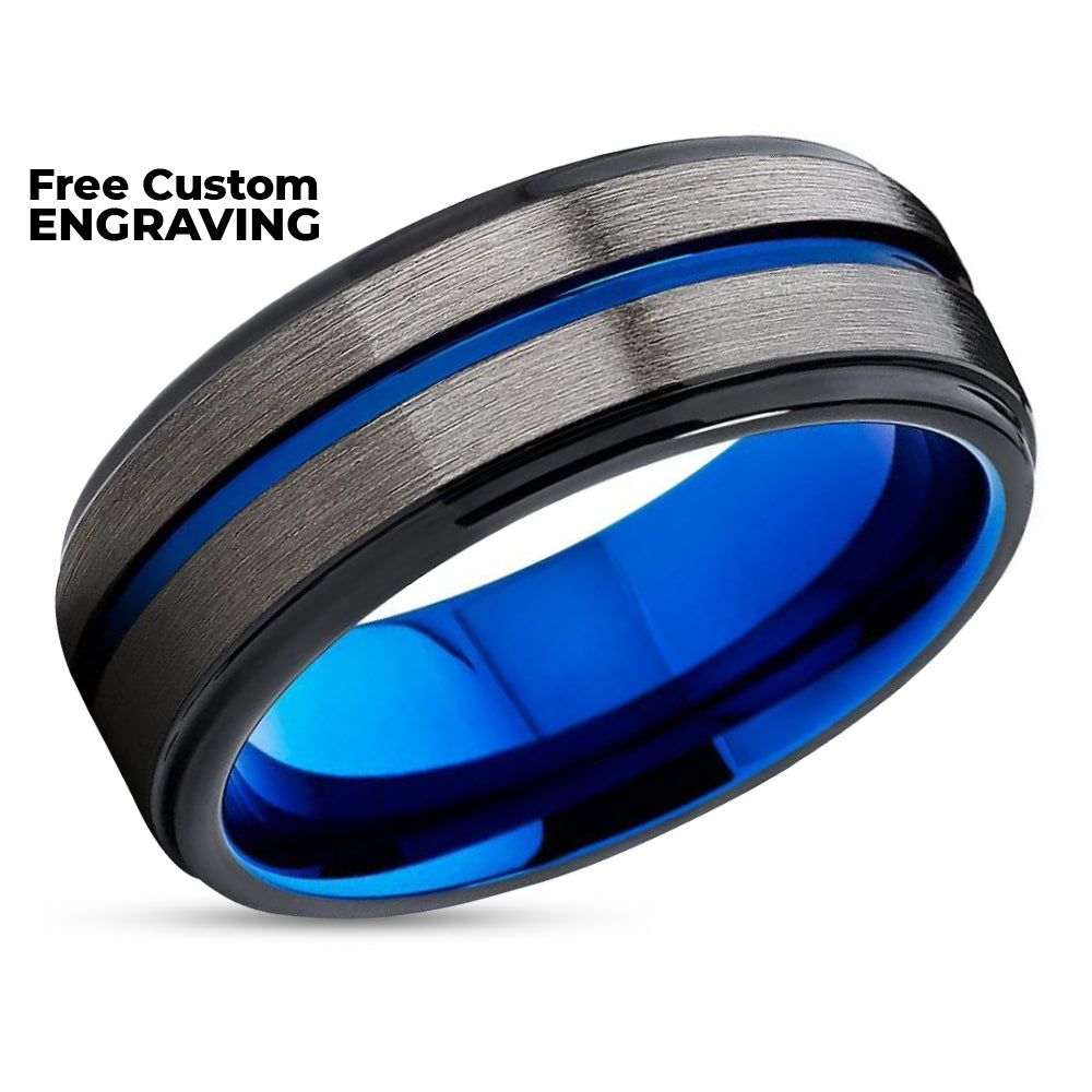 Blue Gray Tungsten Wedding Band Personalized store 8mm Grooved Tungsten Ring Engraving