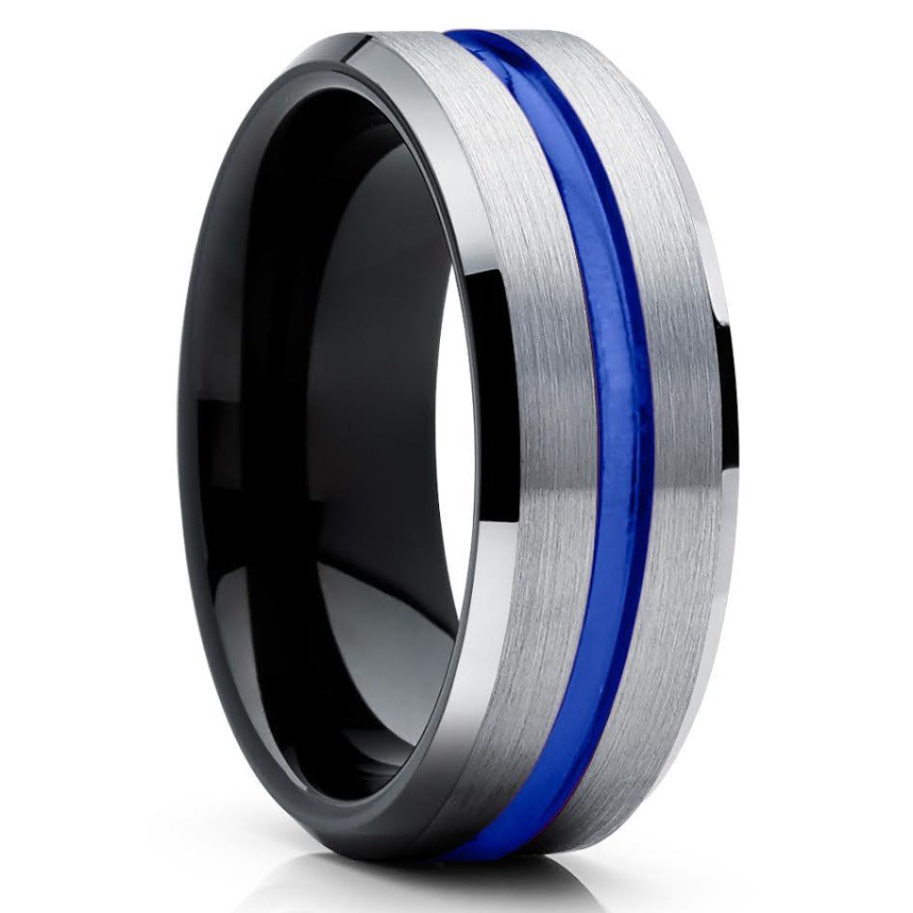 Blue Tungsten Ring - Silver Tungsten Ring - Black Tungsten Band - Brush - Clean Casting Jewelry