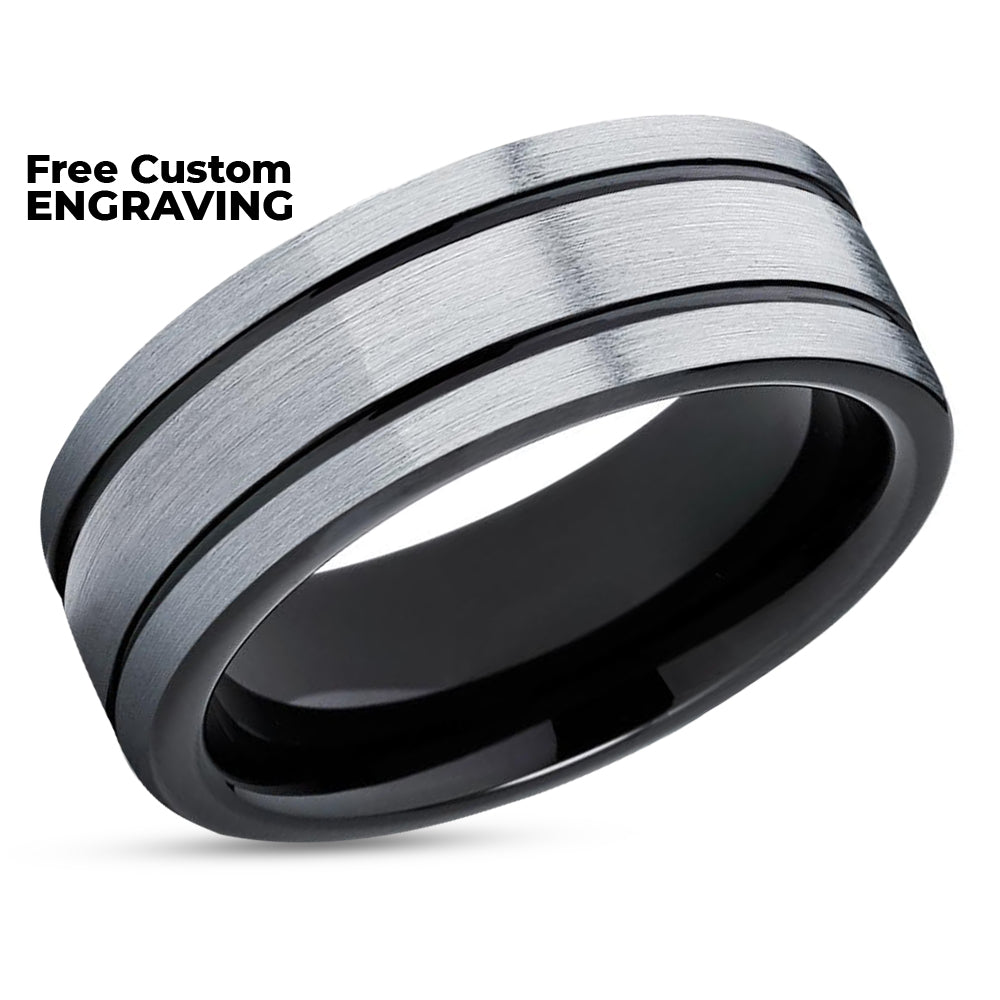 Black Wedding Ring - Gray Wedding Band - Black Groove Ring - Man's Wedding Ring