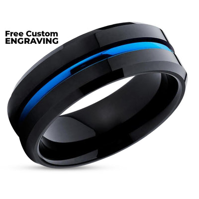 Black Wedding Ring - Blue Tungsten Ring - Blue Wedding Band - Tungsten Carbide Ring
