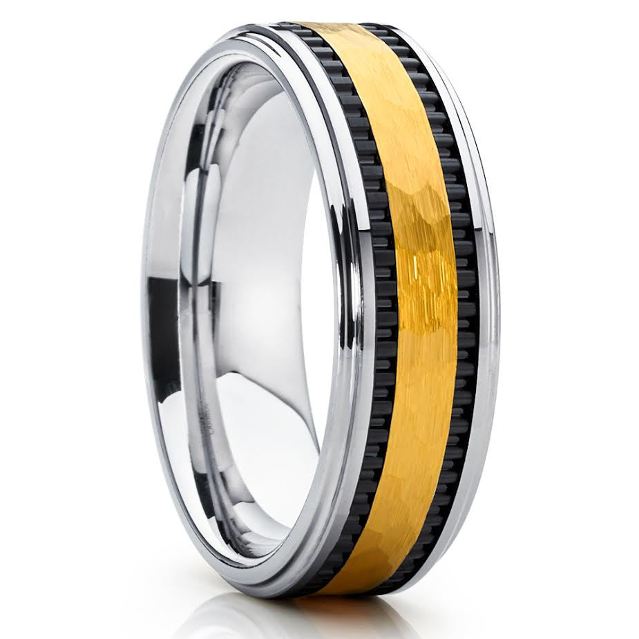 Yellow Gold Tungsten Ring - Black Tungsten - Yellow Gold Tungsten Band - Clean Casting Jewelry