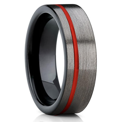 Red Tungsten Ring - 6mm - Gray Tungsten Ring - Red Wedding Band - Brush - Clean Casting Jewelry