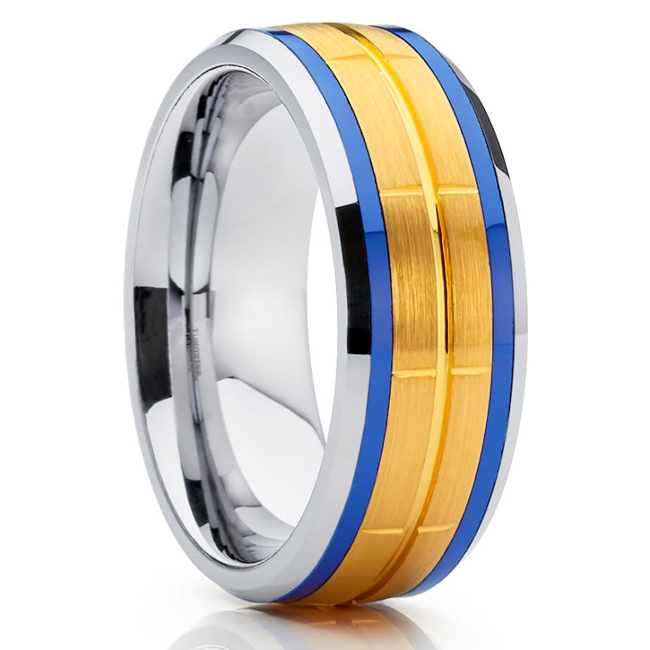 Yellow Gold Tungsten Band - Blue Tungsten - Tungsten Wedding Band - 8mm - Clean Casting Jewelry
