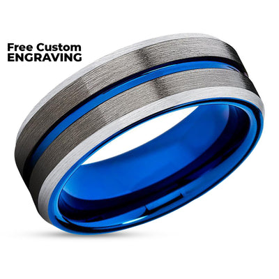 Gunmetal Wedding Band - Blue Wedding Ring - Silver Tungsten Ring - Wedding Band