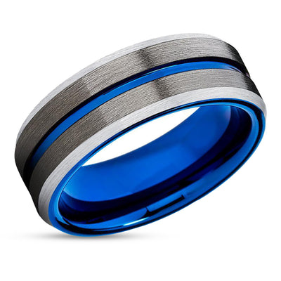 Gunmetal Wedding Band - Blue Wedding Ring - Silver Tungsten Ring - Wedding Band