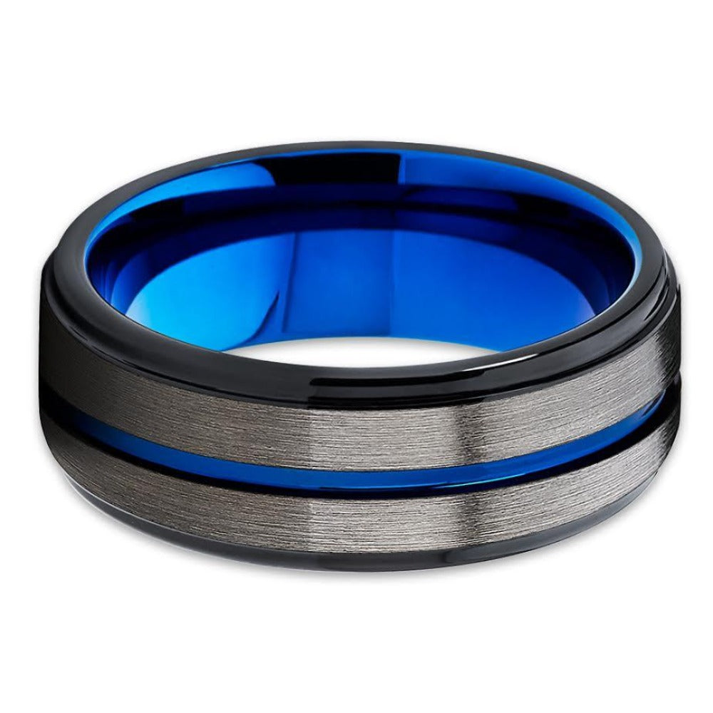 Blue Tungsten Wedding Band - Gunmetal - Black Tungsten Ring - 8mm - Clean Casting Jewelry